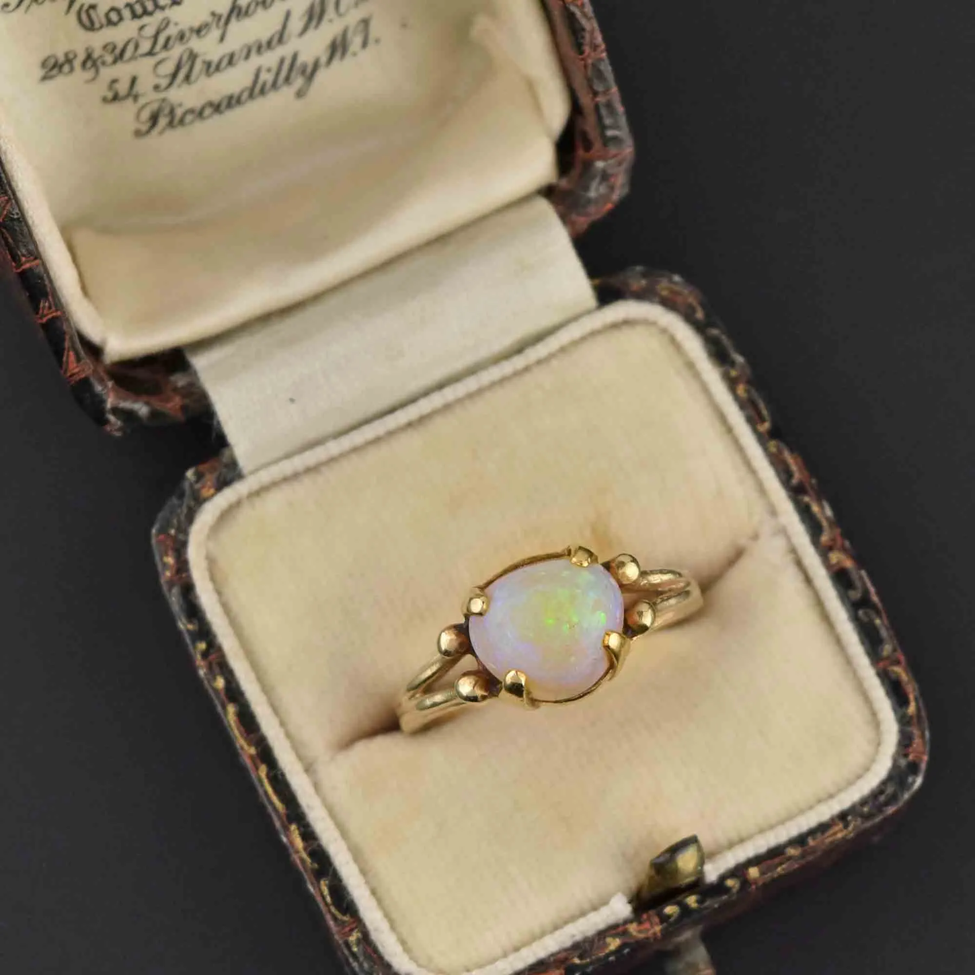 Triangle Opal Cabochon Solitaire Ring, 14K Gold Arts & Crafts