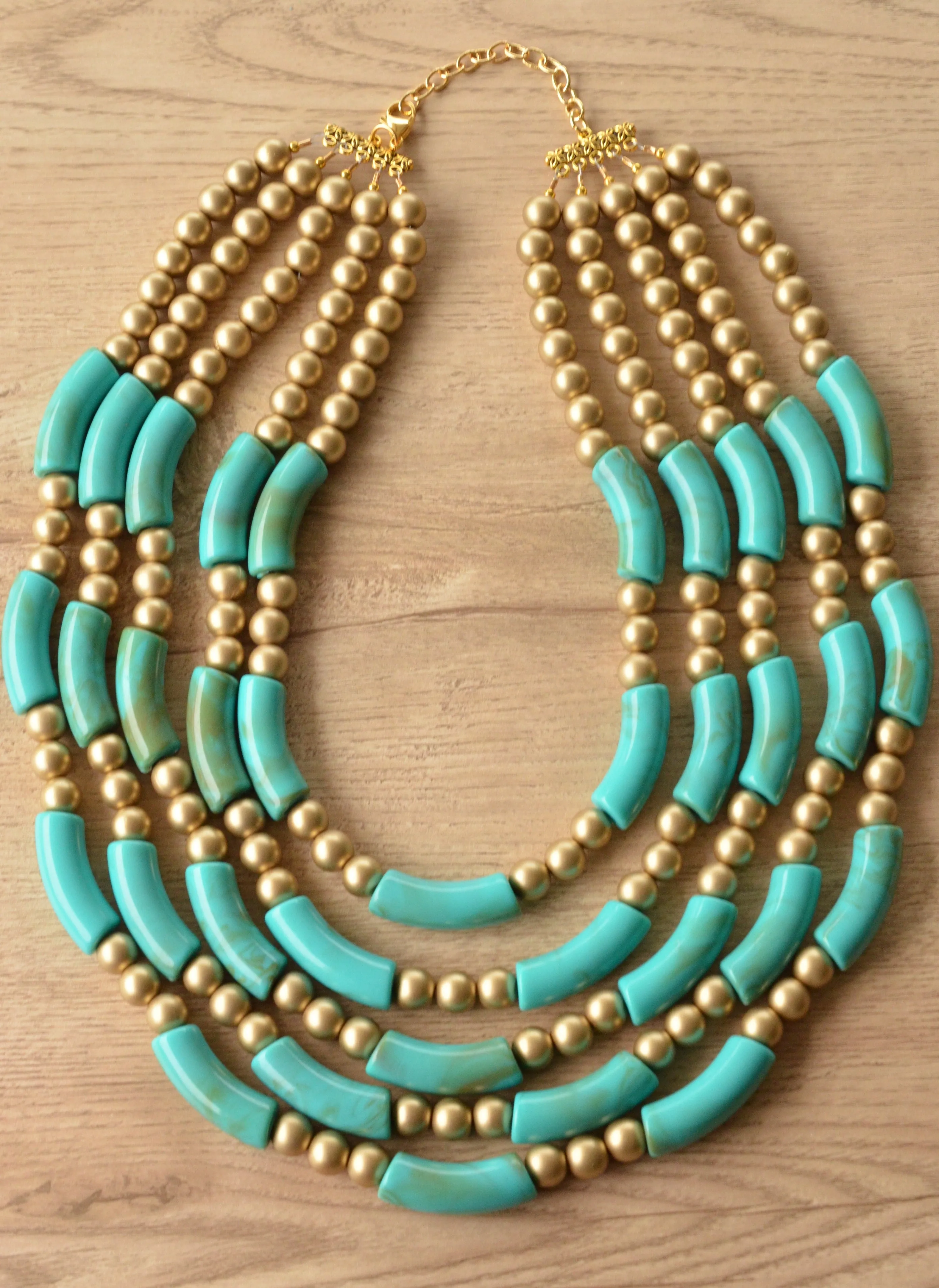 Turquoise Green Gold Acrylic Bead Multi Strand Statement Necklace - Tanya