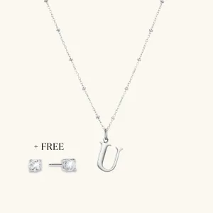 U Initial Pendant Necklace In Silver   FREE Diamond Stud Earrings in Silver