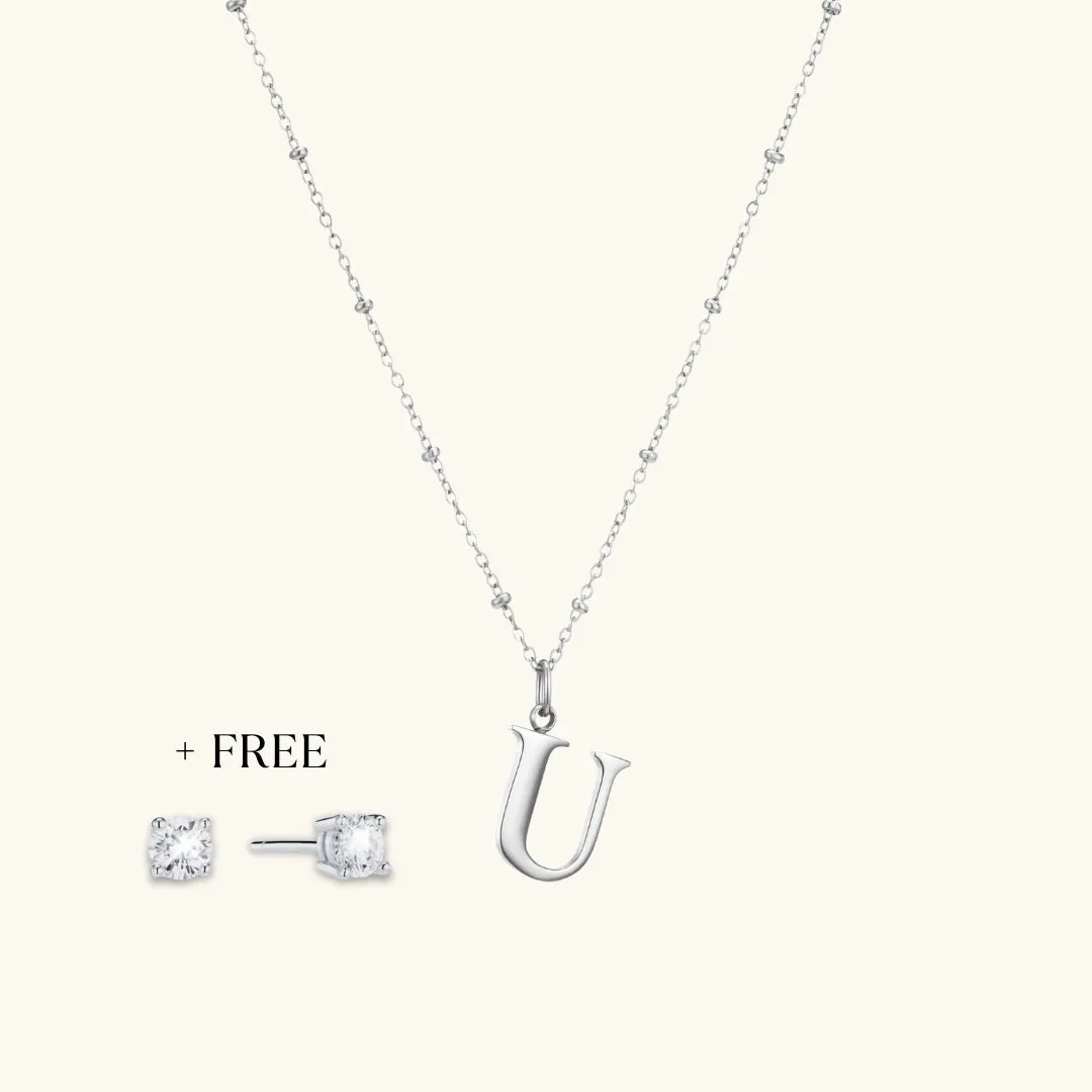 U Initial Pendant Necklace In Silver   FREE Diamond Stud Earrings in Silver