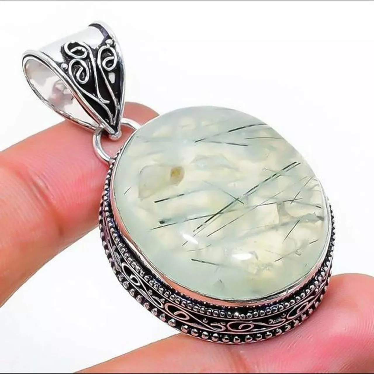 Vintage Design Prenhite Gemstone 925 Sterling Silver Jewellery Pendant Gift for Her