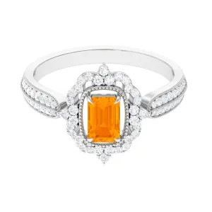 Vintage Style Emerald Cut Fire Opal Engagement Ring with Diamond Floral Halo