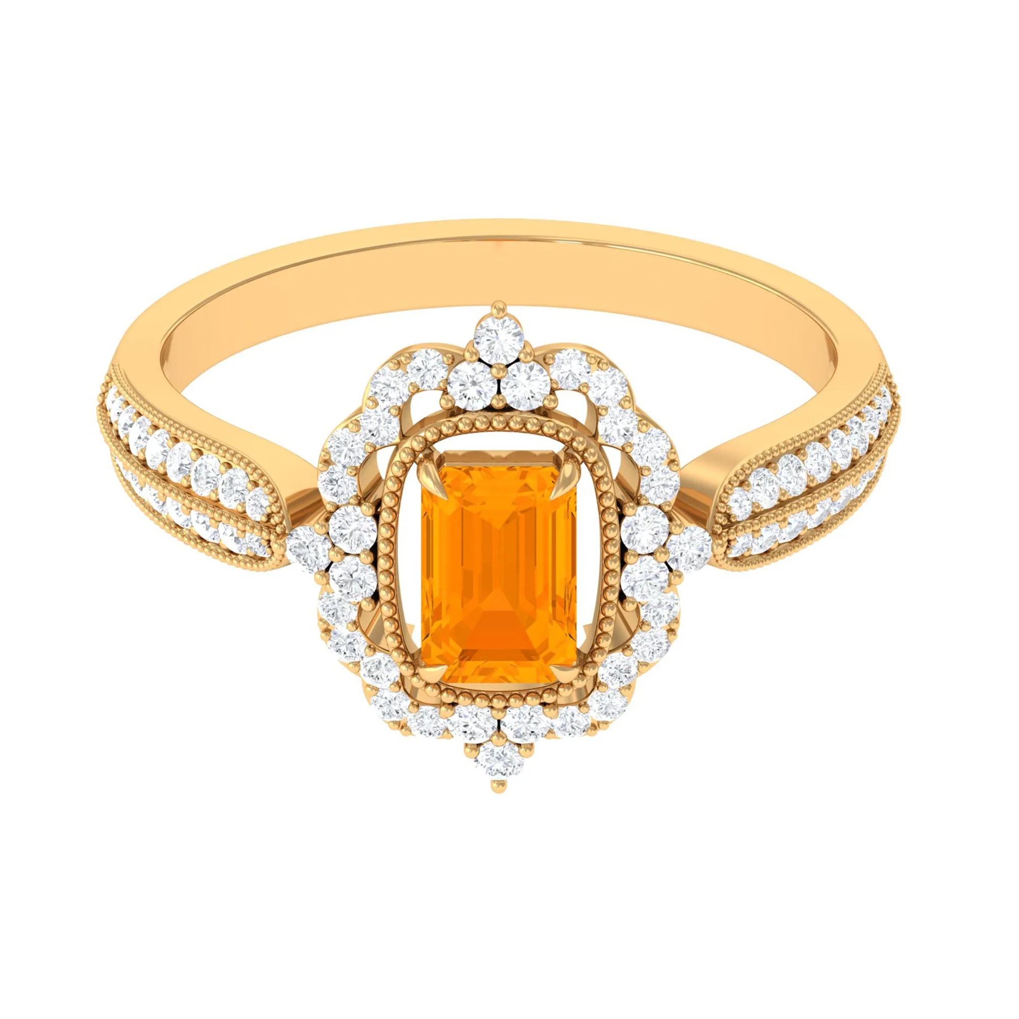 Vintage Style Emerald Cut Fire Opal Engagement Ring with Diamond Floral Halo