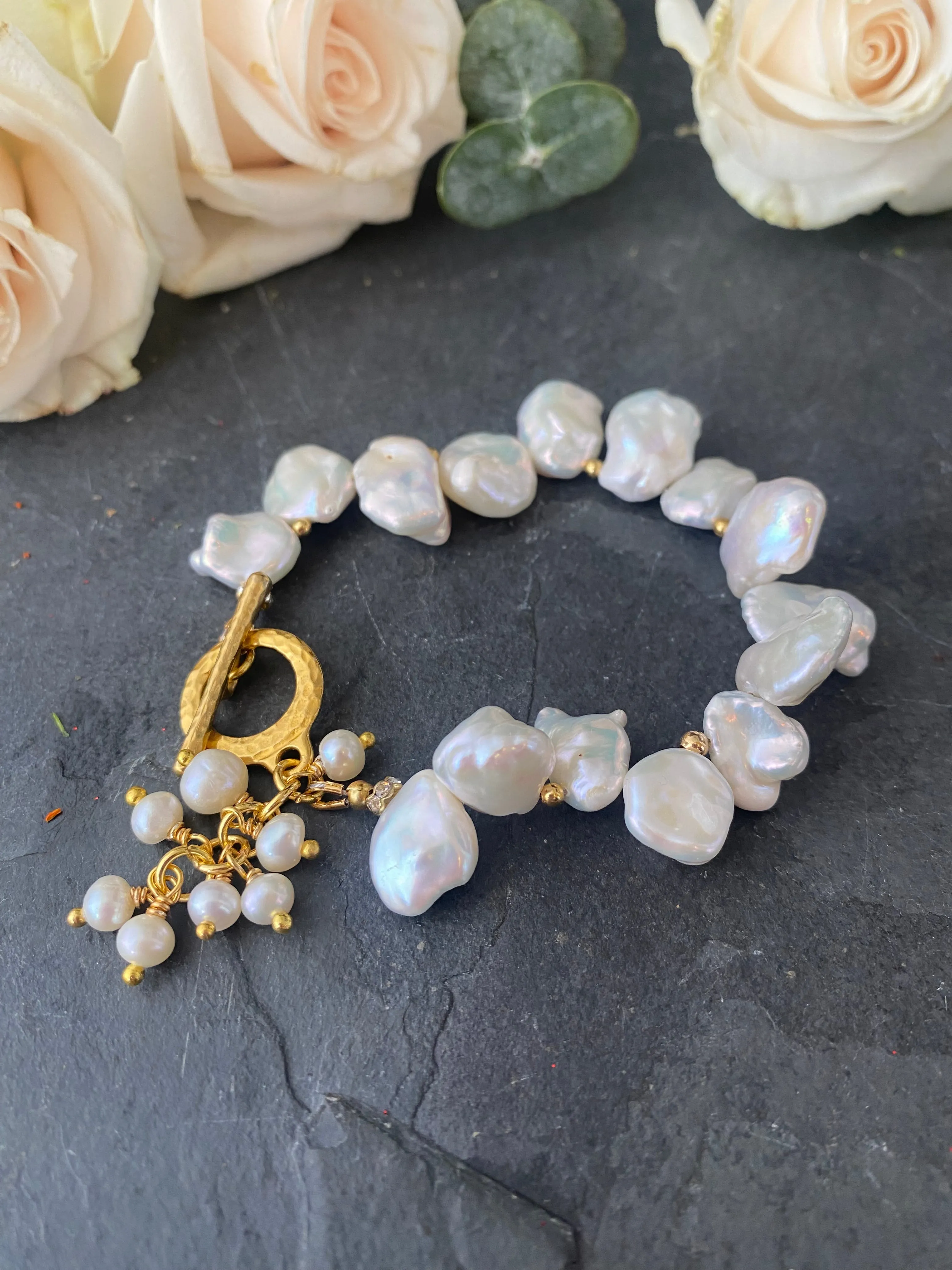 White Baroque Pearl Beads, Natural Freshwater, 10k gold metal, bracelet