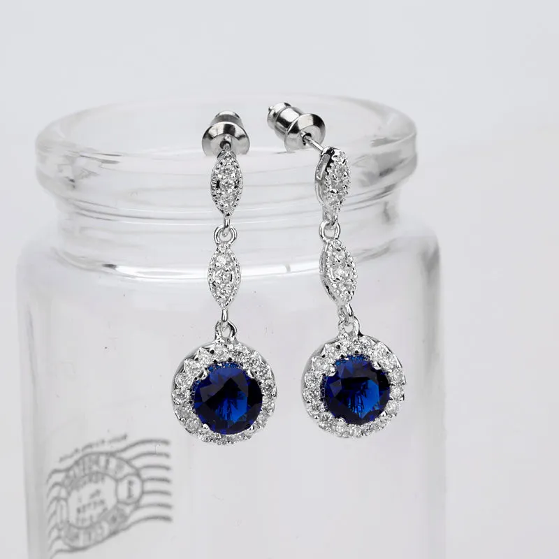 White Gold Plated Blue Sapphire Crystal Drop Earrings for Women | Elegant CZ Crystal Dangle Earrings