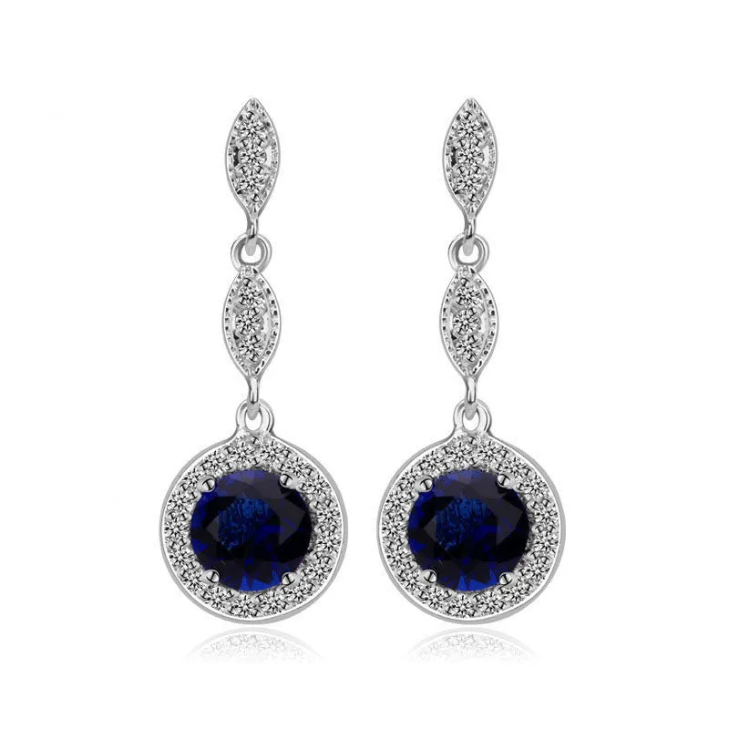 White Gold Plated Blue Sapphire Crystal Drop Earrings for Women | Elegant CZ Crystal Dangle Earrings